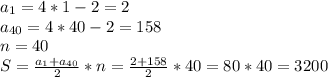 a_1=4*1-2=2\\a_{40}=4*40-2=158\\n=40\\S=\frac{a_1+a_{40}}{2}*n=\frac{2+158}{2}*40=80*40=3200