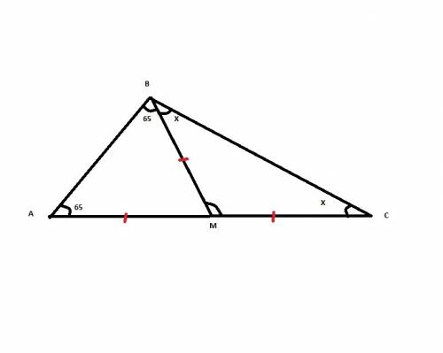 Дан треугольник авс ,вм-его медиана.известно,что вм= одно вторая ас.угол а равен 65 градусов.найти у