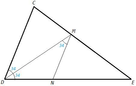 Решить: дан треугольник cde: угол cde=68 градусов. dm биссектриса угла cde. т. м лежит на стороне ce