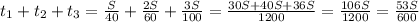 t_{1}+t_{2}+t_{3}=\frac{S}{40}+\frac{2S}{60}+\frac{3S}{100}=\frac{30S+40S+36S}{1200}=\frac{106S}{1200}=\frac{53S}{600}