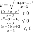 y = \sqrt{ \frac{10 + 3x - {x}^{2} }{x - 3} } \\ \frac{10 + 3x - {x}^{2} }{x - 3} \geqslant 0 \\ \frac{ {x}^{2} - 3x - 10 }{x - 3} \leqslant 0 \\ \frac{(x - 5)(x + 2)}{x - 3 } \leqslant 0