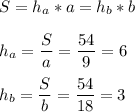 S=h_a*a=h_b*b\\ \\ h_a=\dfrac{S}{a} =\dfrac{54}{9} =6\\ \\ h_b=\dfrac{S}{b}=\dfrac{54}{18}=3