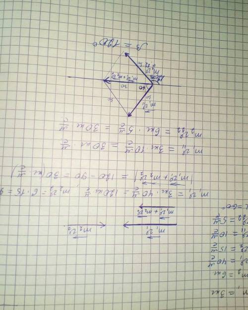 Два камня массами m1=3 кг и m2=6 кг летят навстречу, вдоль прямой со скоростями v1=40 м/с и v2=15 м/