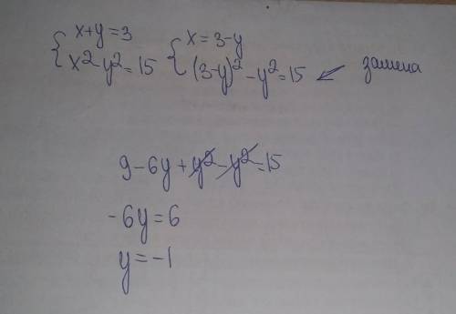 Решить систему уравнений x+y=3 x в квадрате - y в квадрате=15