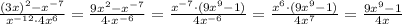 \frac{(3x)^2-x^{-7}}{x^{-12}\cdot 4x^6}=\frac{9x^2-x^{-7}}{4\cdot x^{-6}}=\frac{x^{-7}\cdot (9x^9-1)}{4x^{-6}}=\frac{x^6\cdot (9x^9-1)}{4x^7}=\frac{9x^9-1}{4x}