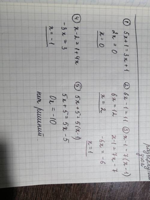 Решите уравнение 1. 5x + 1=3x+1 2. 6x-1=11 3. x-1=7(x-1) 4. x-2=1+4x 5. 5x+5=5(x-1) зарание