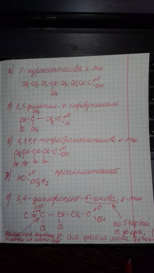 Струтурна і молекулярна формула: а)5, гідроксооктанова к-та б)3,3 - диметил - 4 - хлоробутаналь в)2,