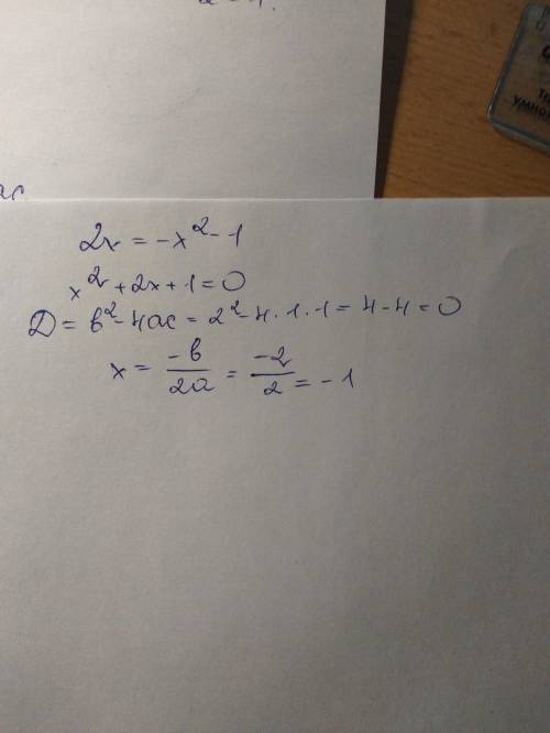 2x=-x^2-1 найдите дискриминант и х1 и х2
