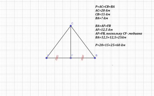 Знайди периметр трикутника acb, якщо cf — медіана, і відомо, що: bc=15дм,af=12,5дміac=20дм