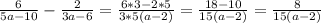 \frac{6}{5a-10} -\frac{2}{3a-6} =\frac{6*3-2*5}{3*5(a-2)} =\frac{18-10}{15(a-2)} =\frac{8}{15(a-2)}