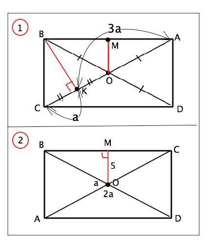 1)основание перпендикуляра, опущенного из вершины прямоугольника на его диагональ, делит ее в отноше