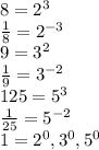 8 = {2}^{3} \\ \frac{1}{8} = 2 { }^{ - 3} \\ 9 = 3^{2} \\ \frac{1}{9} = {3}^{ - 2} \\ 125 = 5 ^{3} \\ \frac{1}{25} = 5 ^{ - 2} \\ 1 = {2}^{0},{3}^{0},{5}^{0}