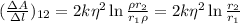 ( \frac{\Delta A}{\Delta l} )_{12} = 2 k \eta^2 \ln{ \frac{\rho r_2}{r_1 \rho}} = 2 k \eta^2 \ln{ \frac{r_2}{r_1}}