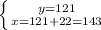 \left \{ {{y=121} \atop {x=121+22=143}} \right.