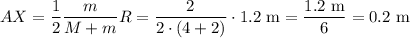AX=\dfrac12\dfrac{m}{M+m}R=\dfrac{2}{2\cdot(4+2)}\cdot1.2\text{ m}=\dfrac{1.2\text{ m}}6=0.2\text{ m}