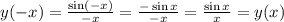 y(-x)=\frac{\sin(-x)}{-x} =\frac{-\sin{x}}{-x}=\frac{\sin{x}}{x}=y(x)