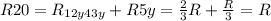 R20 = R_{12y43y}+R5y=\frac{2}{3} R+\frac{R}{3} =R