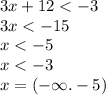 3x + 12 < - 3 \\ 3x < - 15 \\ x < - 5 \\ x < - 3 \\ x = ( - \infty . - 5)