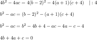 4b^2-4ac=4(b-2)^2-4(a+1)(c+4)~~~|:4\\ \\ b^2-ac=(b-2)^2-(a+1)(c+4)\\ \\ b^2-ac=b^2-4b+4-ac-4a-c-4\\ \\ 4b+4a+c=0