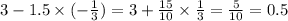 3 - 1.5 \times ( - \frac{1}{3} ) = 3 + \frac{15}{10} \times \frac{1}{3} = \frac{5}{10} = 0.5