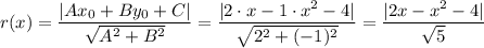 r(x)=\dfrac{|Ax_0+By_0+C|}{\sqrt{A^2+B^2}}=\dfrac{|2\cdot x-1\cdot x^2-4|}{\sqrt{2^2+(-1)^2}}=\dfrac{|2x-x^2-4|}{\sqrt{5}}