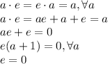 a\cdot e=e\cdot a = a, \forall a\\a\cdot e=ae+a+e=a\\ae+e=0\\e(a+1)=0, \forall a\\e=0