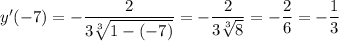 y'(-7)=-\dfrac{2}{3\sqrt[3]{1-(-7)}}=-\dfrac{2}{3\sqrt[3]{8}}=-\dfrac{2}{6}=-\dfrac{1}{3}