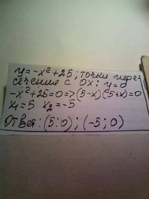 Вычислите абсциссы точек пересечения графика функции y = -x^2 + 25 с осью x, напишите решение и отве