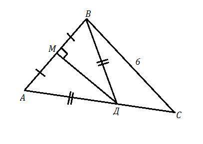 Серединний перпендикуляр сторони ab трикутника abc перетинае його в сторону ac у точці d. знайти пер