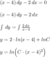 (x-4)\, dy-2\, dx=0\\\\(x-4)\, dy=2\, dx\\\\\int \, dy=\int \frac{2\, dx}{x-4}\\\\y=2\cdot ln|x-4|+lnC\\\\y=ln\Big (C\cdot (x-4)^2\Big )