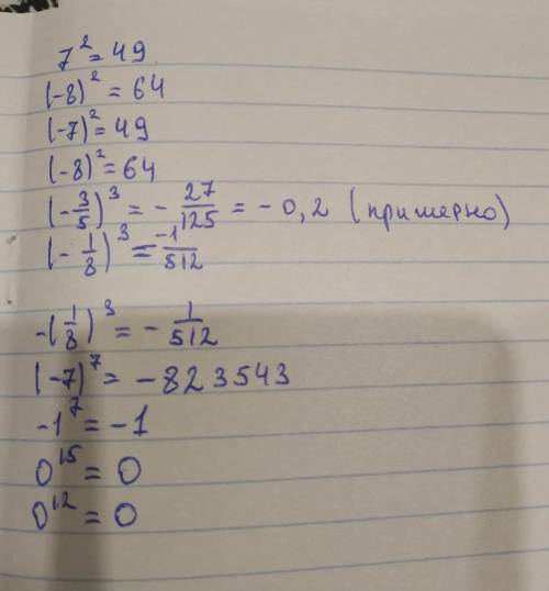 Найти значение выражения (7)^2; (-8)^2; -7^2; -8^2; (-3/5)^3; -(3/5)^3; (-1/8)^3; -(1/8)^3; (-7)^7;