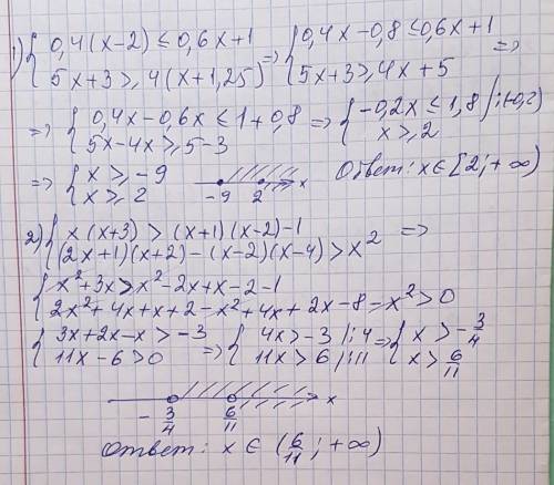 Решите систему неравенств 0.4(x-2)м≤ 0.6x+1 5x+3 ≥4(x+1,25) x(x+3)больше (x+1)(x-2)-1 (2x+1)(x+2)-(