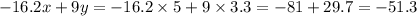 - 16.2x + 9y = - 16.2 \times 5 + 9 \times 3.3 = - 81 + 29.7 = - 51.3