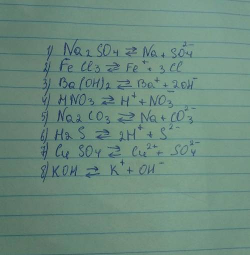 Запишіть рівняння дисоціації під час розчинення у воді таких речовин: 1) натрій сульфат 2) ферум (ii