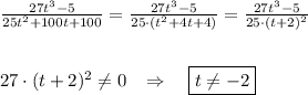 \frac{27t^3-5}{25t^2+100t+100}=\frac{27t^3-5}{25\cdot (t^2+4t+4)}=\frac{27t^3-5}{25\cdot (t+2)^2}\\\\\\27\cdot (t+2)^2\ne 0\; \; \; \Rightarrow \quad \boxed {t\ne -2}