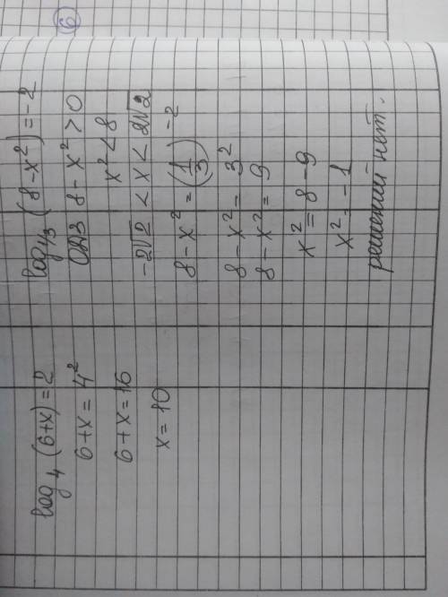 1)log4(6+x)=22)log1/3(8-x в квадрате)=-2 с расписанием этих примеров​