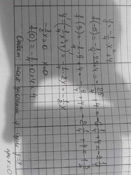 Определи наибольшее значение функции y = −1/4 * x^2 + 4 на отрезке [−5; 3]. ответ: y наибольшее = ?