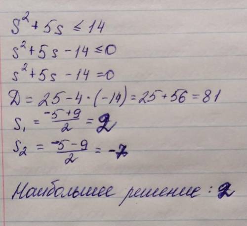 Найди наибольшее целочисленное решение неравенства s^2 + 5s ≤ 14
