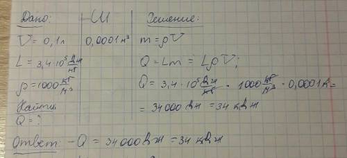 Определи, какое количество теплоты выделится при кристаллизации  0,1  л  воды. удельн