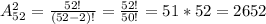 A_{52}^2 = \frac{52!}{(52-2)!} = \frac{52!}{50!} = 51 * 52 = 2652