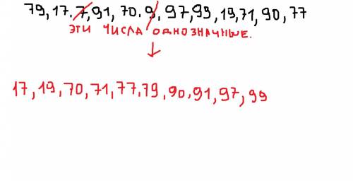 Из чисел 79,17,7,91, 70, 9, 97,99, 19,71,90, 77. выпиши все двузначные числа, начиная с наименьшего.