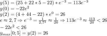 y(5)=(25+22*5-22)*e^{-3}=113e^{-3}\\y(0)=-22e^{2}\\y(2)=(4+44-22)*e^0=26\\e\approx 2,7\Rightarrow e^{-3}=\frac{1}{2,7^3} \approx \frac{1}{20} \Rightarrow 113e^{-3}\approx \frac{113}{20}