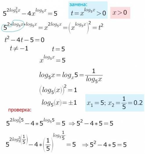 5^{} ^{2} ^{log}^{^{2} } _{5} x -4x^{log} 5 ^{x} =5