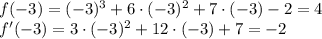 f(-3)=(-3)^3+6\cdot(-3)^2+7\cdot (-3)-2=4\\f'(-3)=3\cdot (-3)^2+12\cdot (-3)+7=-2