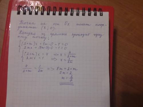 Есть такое при каком значение m точка пересечения прямых (2+m)x+3my-4=0 и 2mx+(9m-3)y-1=0 будет на