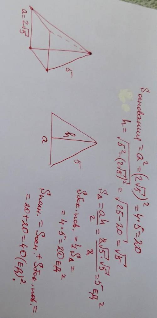 Найдите площадь поверхности правильной четырехугольной пирамиды, сторона основания которой равна [te