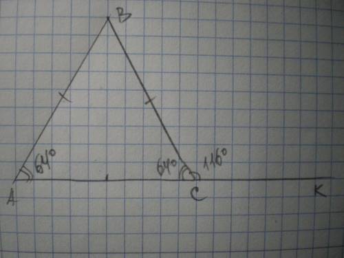 Решите .в равнобедренном треугольнике abc с основанием ac внешний угол при вершине c равен ∡1=116° .