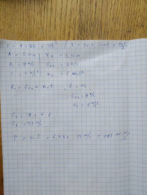 Кинематический закон движения материальной точки имеет вид x=a+bt+ct2, где a = 5,4 м, b=9 м/с, c=3 м