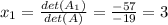 x_1=\frac{det(A_1)}{det(A)}=\frac{-57}{-19}=3