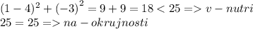 (1 - 4)^{2} + {( - 3)}^{2} = 9 + 9 = 18 < 25 = v - nutri \\ 25 = 25 = na - okrujnosti